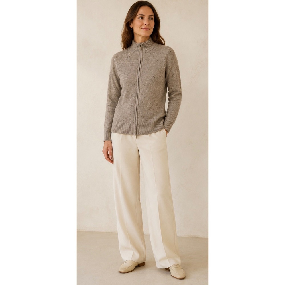 WoolOvers Women's 100% Lambswool Full Zip Cardigan Large Taupe Donegal 
Luxury